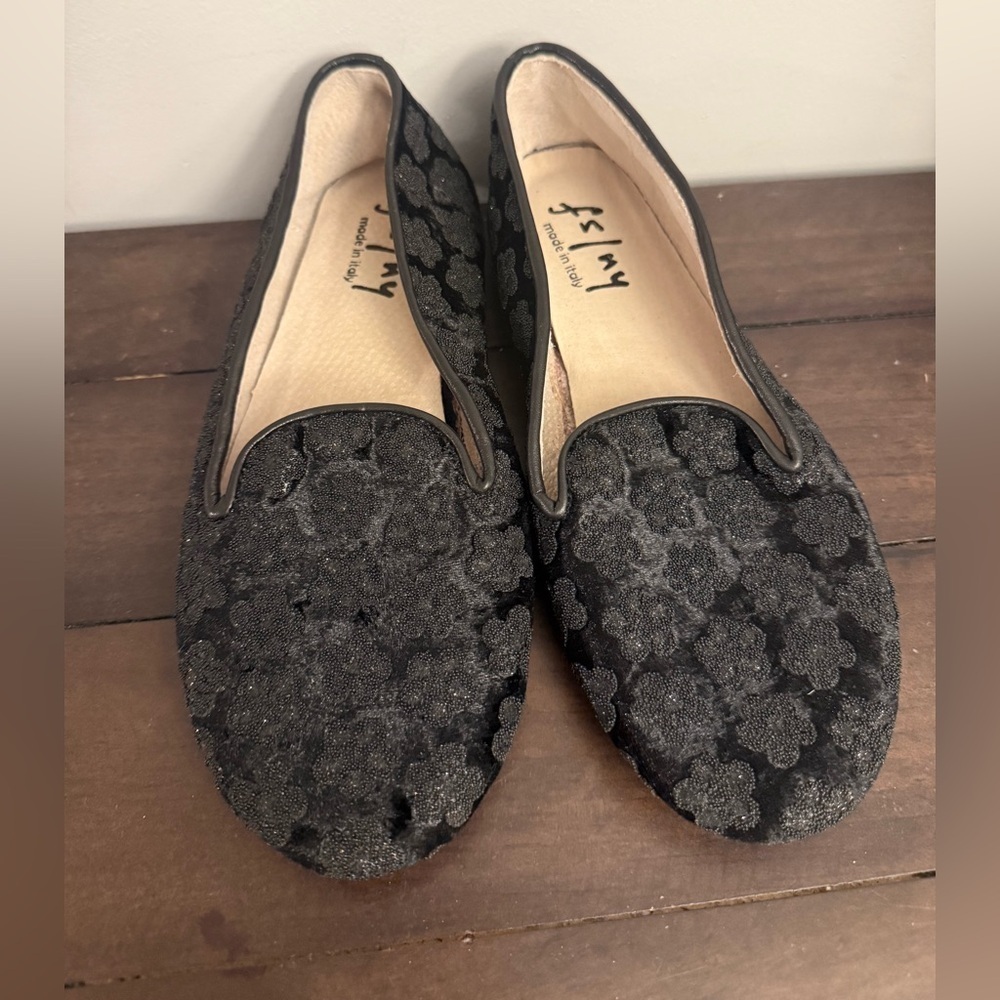 FS/NY Made in Italy Black Floral Jacquard Loafers Size 8